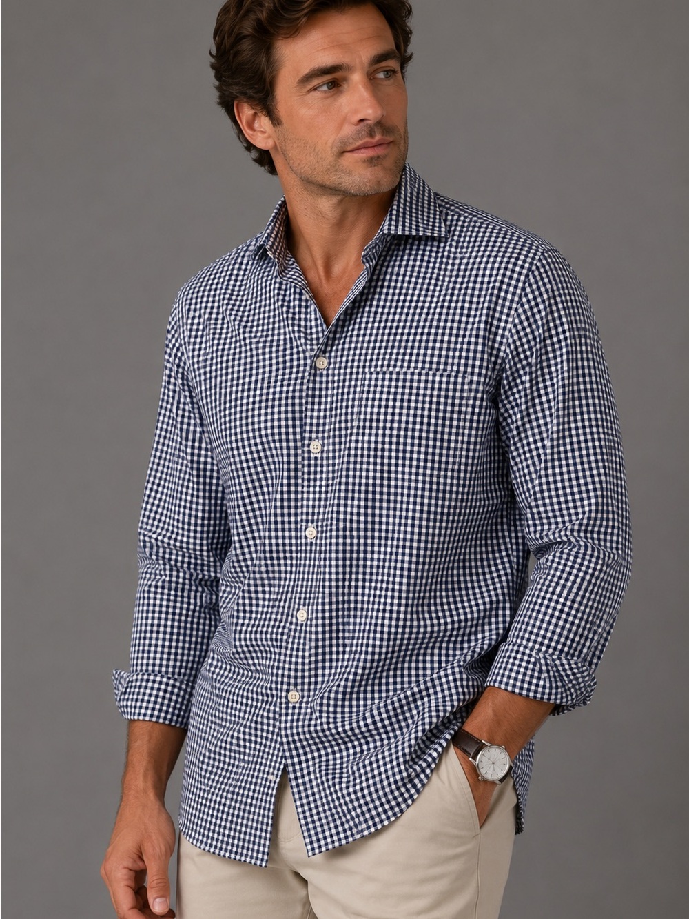 Peter Millar Men’s XL Blue White Gingham Button Down Shirt Cotton Silk Stretch